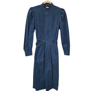 Vintage Plaza South Cottage Core Blue Cotton Midi Dress Puff Sleeves Size 6 90's